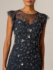 Adrianna Papell Blue Petite Bead Mesh Godet Long Dress - Image 5 of 6