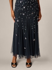 Adrianna Papell Blue Petite Bead Mesh Godet Long Dress - Image 6 of 6