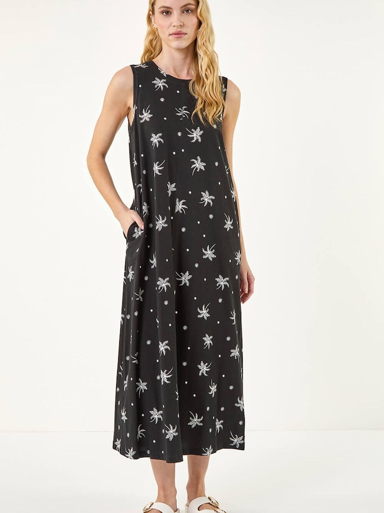 Roman Black Palm Print Midi Dress - Image 1 of 5