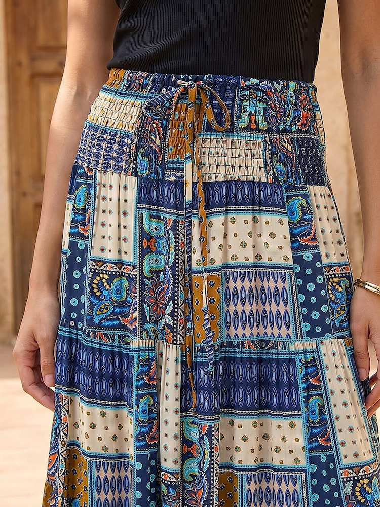 Roman Blue Paisley Print Shirred Maxi Skirt - Image 4 of 4 Roman Blue Paisley Print Shirred Maxi Skirt - Image 4 of 4