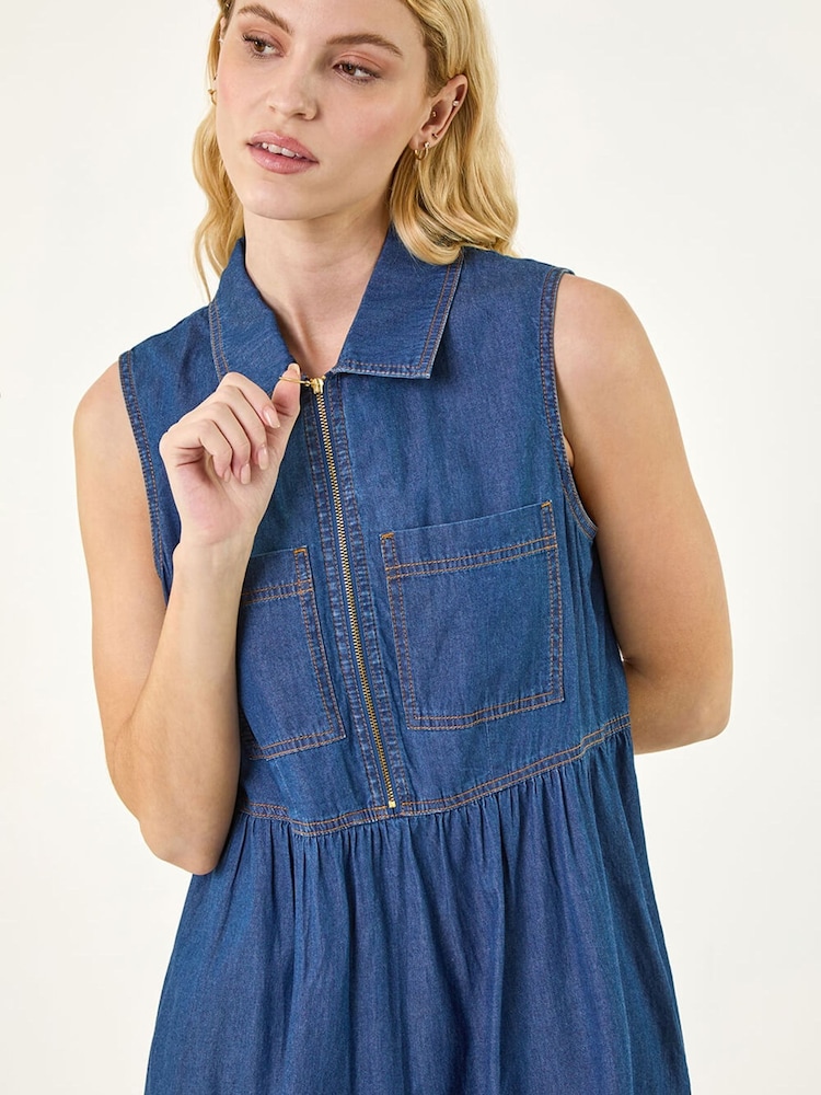 Roman Blue Collared Zip Front Midi Dress - Image 9 of 9 Roman Blue Collared Zip Front Midi Dress - Image 9 of 9