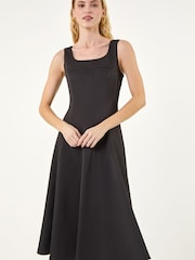 Roman Black Square Neck Pleated Midi Dress - Image 1 of 5