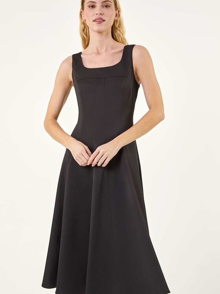 Roman Black Square Neck Pleated Midi Dress - Image 1 of 5