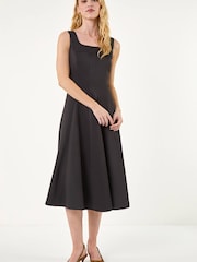 Roman Black Square Neck Pleated Midi Dress - Image 2 of 5