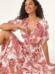 Roman Red Boho Floral Print V-Neck Maxi Dress - Image 1 of 5