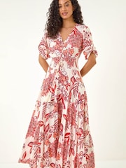 Roman Red Boho Floral Print V-Neck Maxi Dress - Image 2 of 5
