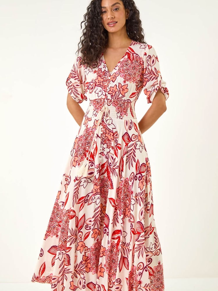 Roman Red Boho Floral Print V-Neck Maxi Dress - Image 2 of 5