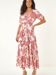 Roman Red Boho Floral Print V-Neck Maxi Dress - Image 4 of 5