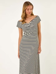 Roman Black Stripe Bardot Knit Midi Stretch Dress - Image 1 of 4