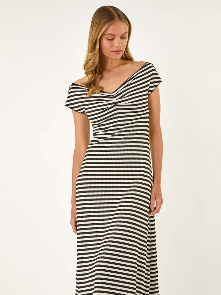 Roman Black Stripe Bardot Knit Midi Stretch Dress - Image 1 of 4 Roman Black Stripe Bardot Knit Midi Stretch Dress - Image 1 of 4