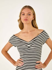 Roman Black Stripe Bardot Knit Midi Stretch Dress - Image 3 of 4