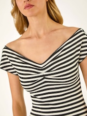 Roman Black Stripe Bardot Knit Midi Stretch Dress - Image 4 of 4