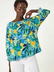 Roman Blue Leaf Print 3/4 Sleeve Top - Image 1 of 5