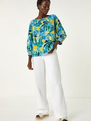 Roman Blue Leaf Print 3/4 Sleeve Top - Image 3 of 5