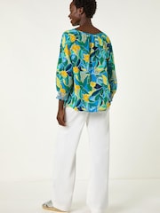 Roman Blue Leaf Print 3/4 Sleeve Top - Image 4 of 5