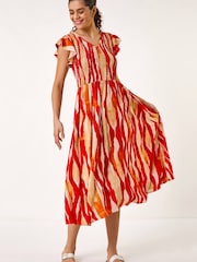 Roman Red Wave Print Shirred Midi Dress - Image 1 of 5
