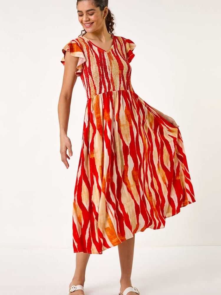 Roman Red Wave Print Shirred Midi Dress - Image 1 of 5