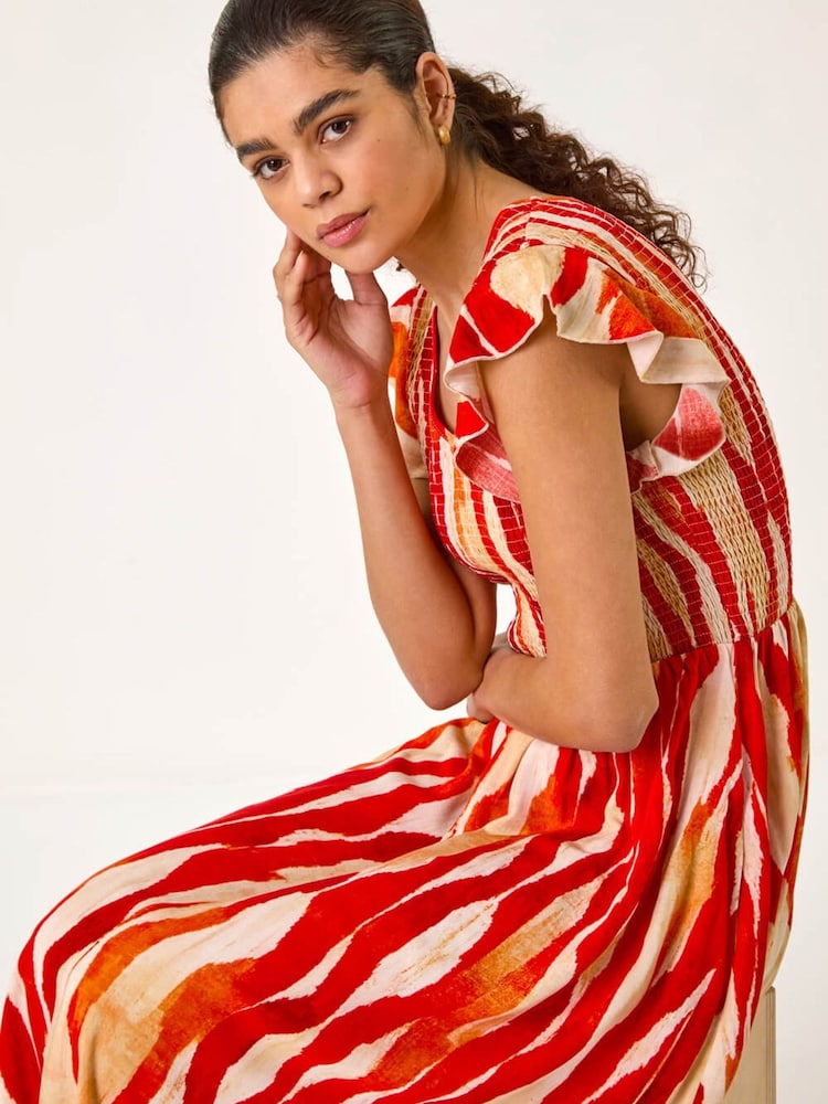 Roman Red Wave Print Shirred Midi Dress - Image 2 of 5
