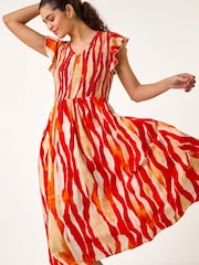 Roman Red Wave Print Shirred Midi Dress - Image 4 of 5