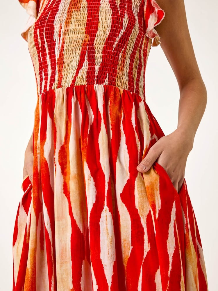 Roman Red Wave Print Shirred Midi Dress - Image 5 of 5