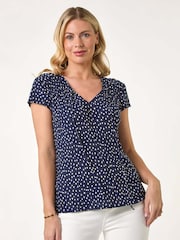 Roman Blue Petite Spot Print Crinkle V-Neck Top - Image 1 of 5