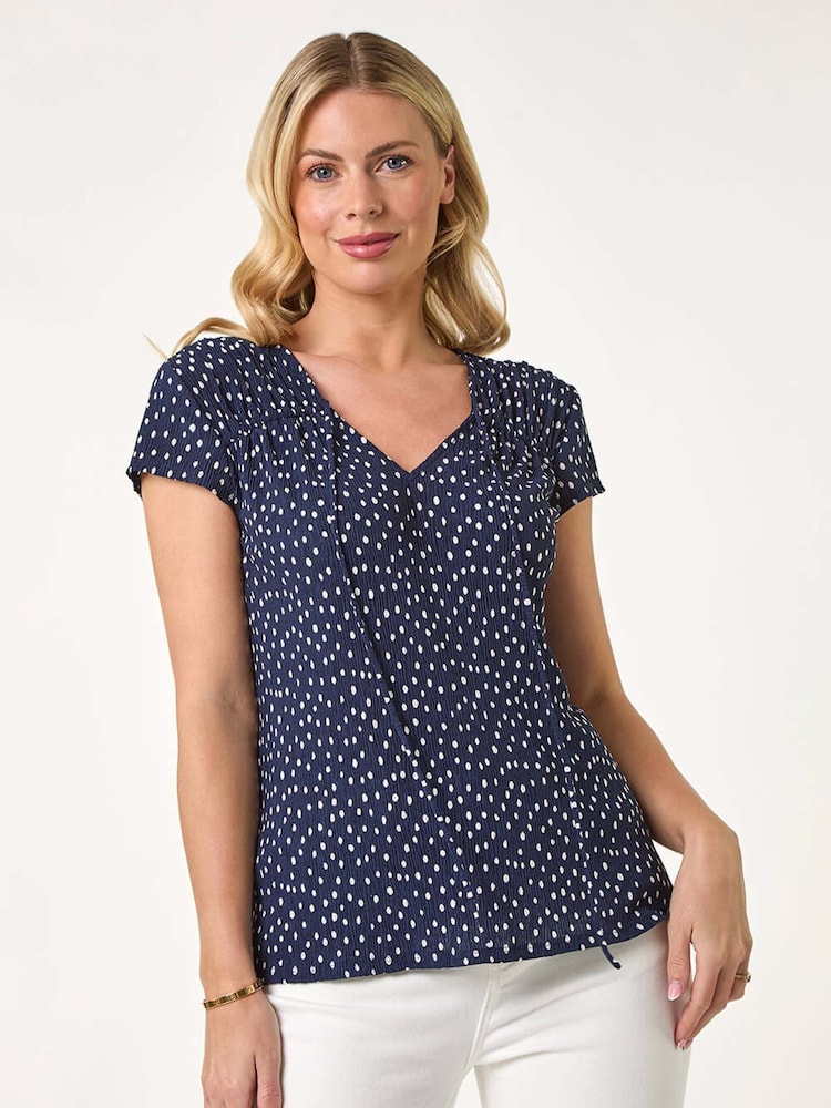 Roman Blue Petite Spot Print Crinkle V-Neck Top - Image 1 of 5