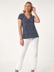 Roman Blue Petite Spot Print Crinkle V-Neck Top - Image 2 of 5
