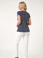 Roman Blue Petite Spot Print Crinkle V-Neck Top - Image 3 of 5