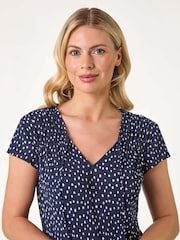 Roman Blue Petite Spot Print Crinkle V-Neck Top - Image 4 of 5