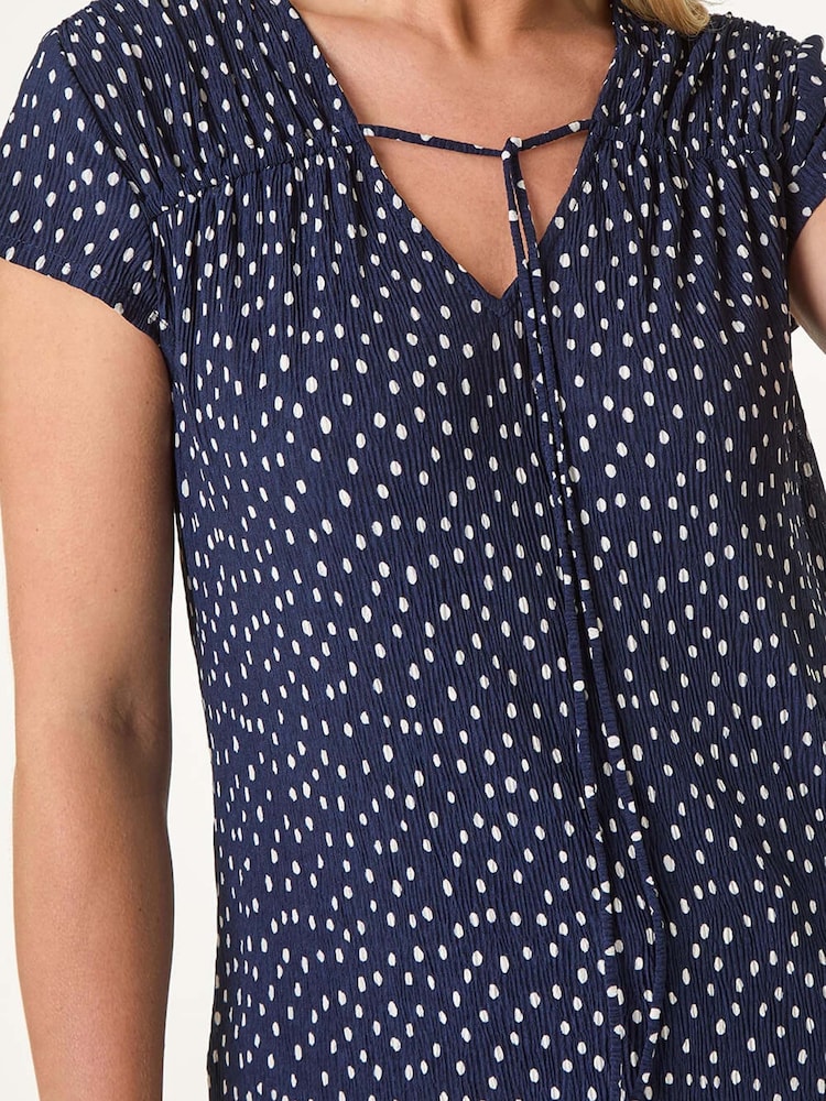 Roman Blue Petite Spot Print Crinkle V-Neck Top - Image 5 of 5