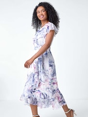 Roman Grey Petite Floral Print Wrap Frill Midi Dress - Image 1 of 4