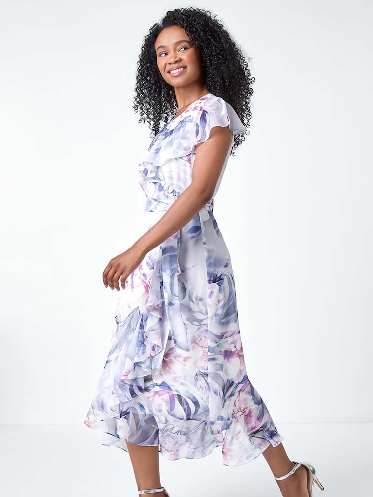 Roman Grey Petite Floral Print Wrap Frill Midi Dress - Image 1 of 4 Roman Grey Petite Floral Print Wrap Frill Midi Dress - Image 1 of 4