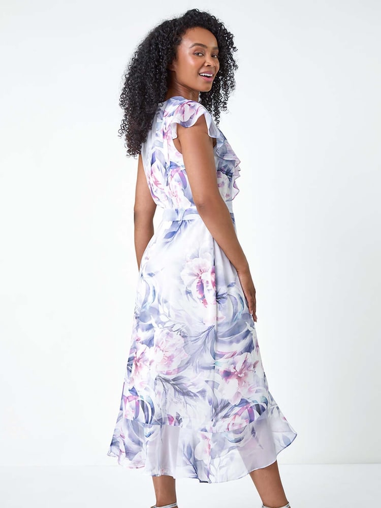 Roman Grey Petite Floral Print Wrap Frill Midi Dress - Image 2 of 4 Roman Grey Petite Floral Print Wrap Frill Midi Dress - Image 2 of 4