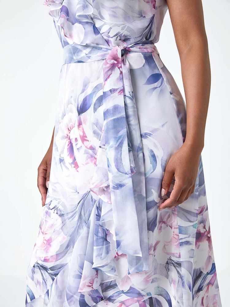 Roman Grey Petite Floral Print Wrap Frill Midi Dress - Image 4 of 4 Roman Grey Petite Floral Print Wrap Frill Midi Dress - Image 4 of 4