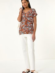 Roman Red Printed V-Neck Banded Hem Top - Image 3 of 5