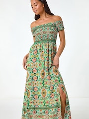 Roman Green Petite Abstract Bardot Midi Dress - Image 1 of 5