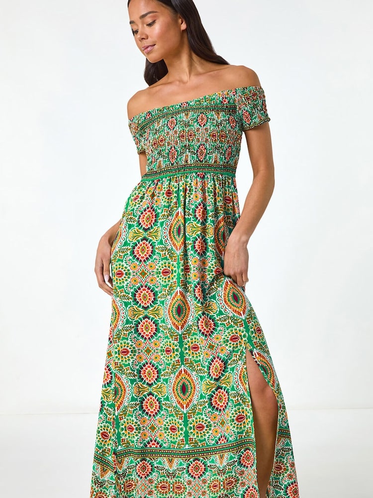 Roman Green Petite Abstract Bardot Midi Dress - Image 1 of 5