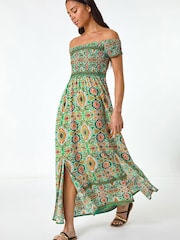 Roman Green Petite Abstract Bardot Midi Dress - Image 4 of 5