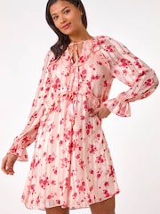 Roman Pink Rose Print Ruffle V-Neck Smock Dress - Image 2 of 5