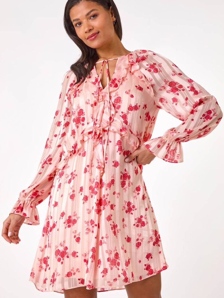 Roman Pink Rose Print Ruffle V-Neck Smock Dress - Image 2 of 5