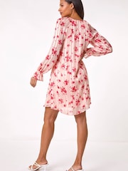 Roman Pink Rose Print Ruffle V-Neck Smock Dress - Image 3 of 5
