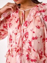 Roman Pink Rose Print Ruffle V-Neck Smock Dress - Image 5 of 5