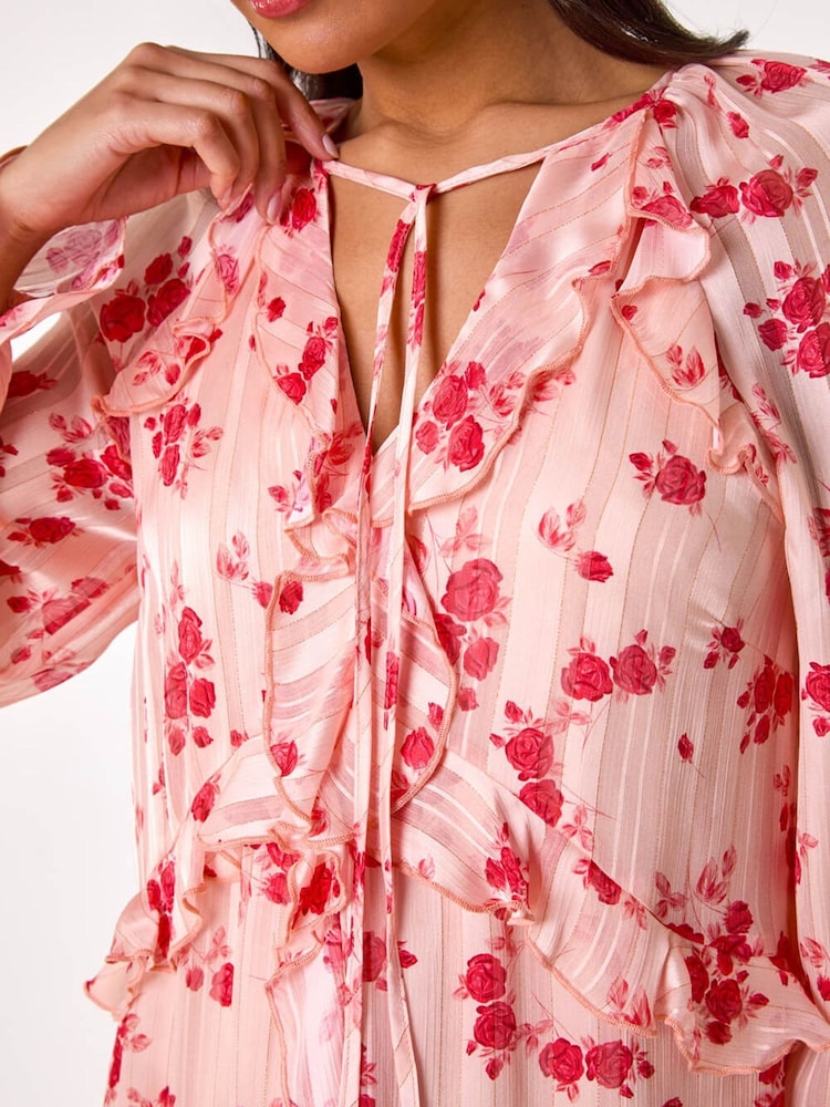 Roman Pink Rose Print Ruffle V-Neck Smock Dress - Image 5 of 5