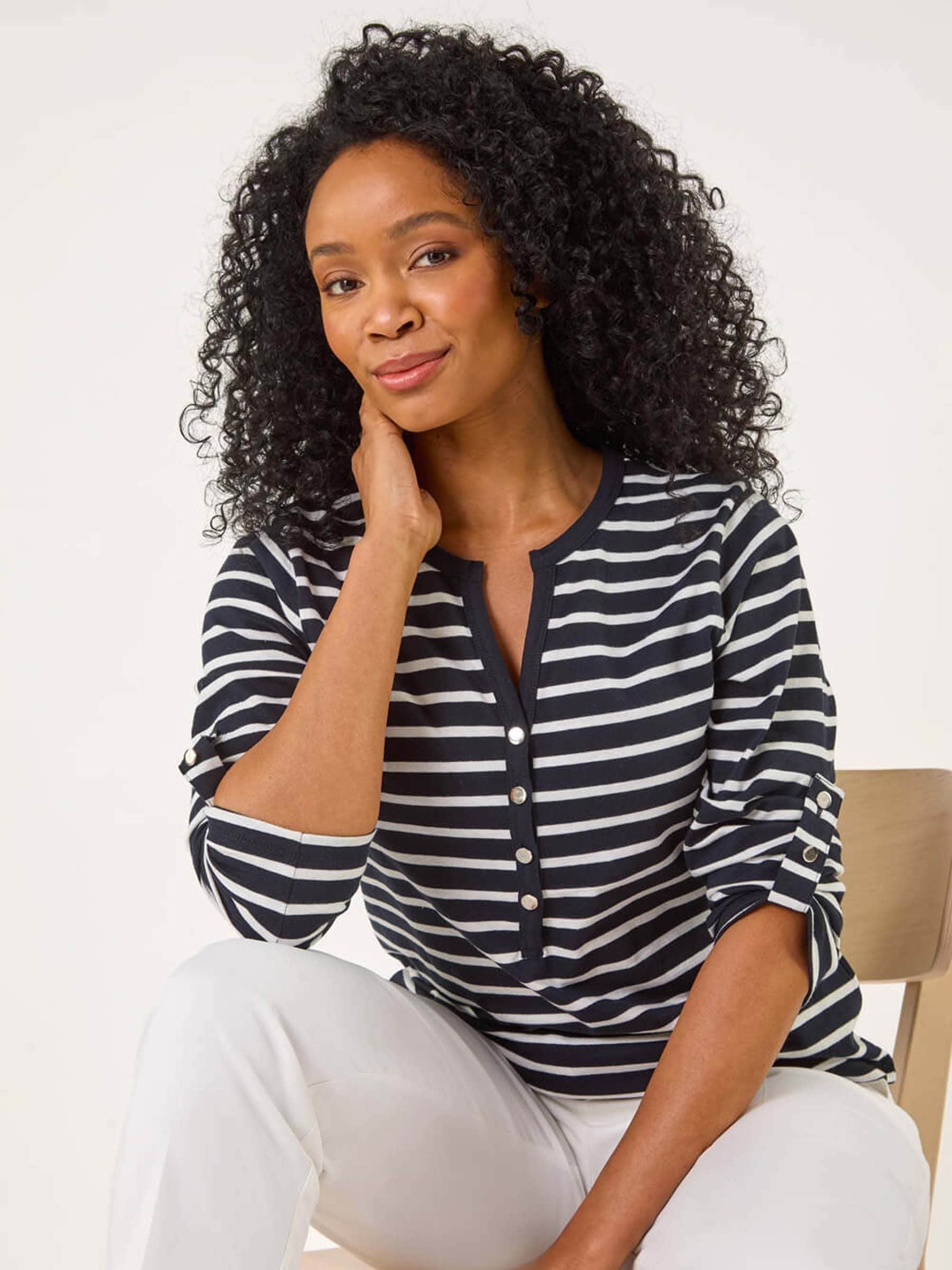 Buy Roman Blue Petite Stripe V-Neck Button Top from Next Mexico