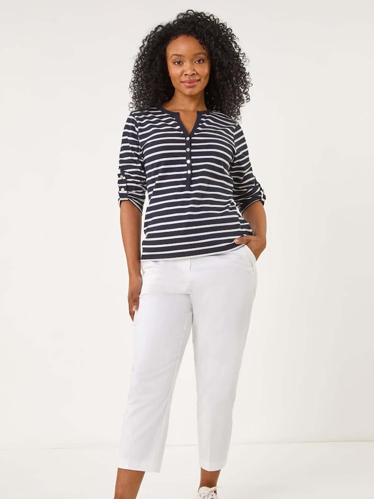 Roman Blue Petite Stripe V-Neck Button Top - Image 2 of 5