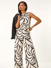 Roman Black Mono Floral Palm Print Wide Leg Trousers - Image 2 of 5