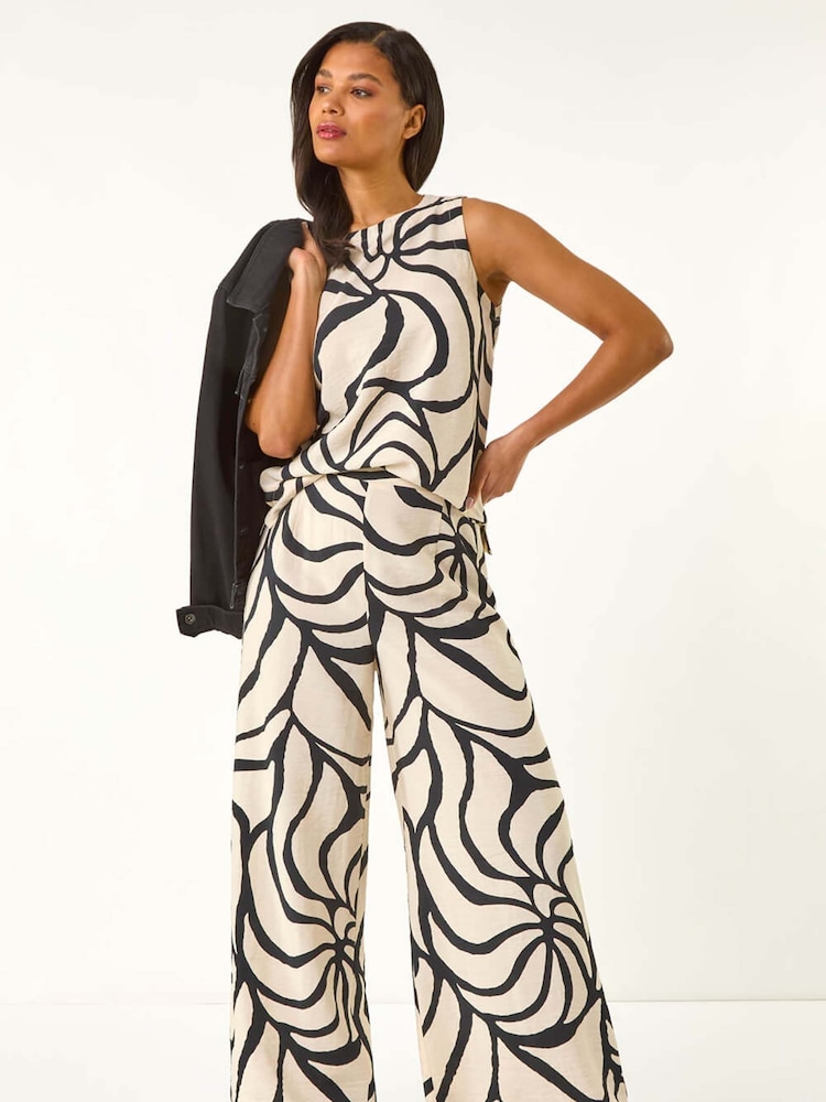 Roman Black Mono Floral Palm Print Wide Leg Trousers - Image 2 of 5