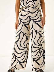 Roman Black Mono Floral Palm Print Wide Leg Trousers - Image 4 of 5