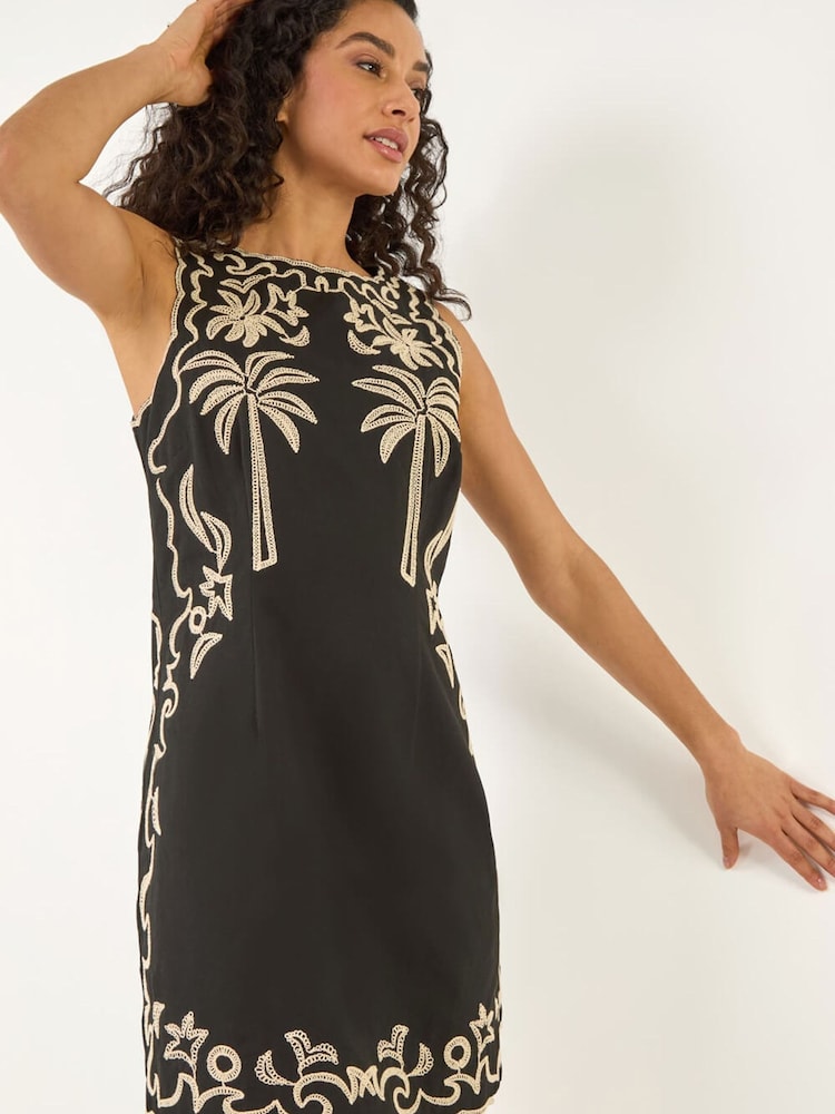Roman Black Palm Embroidered A-Line Dress - Image 1 of 5