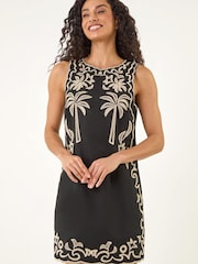 Roman Black Palm Embroidered A-Line Dress - Image 2 of 5
